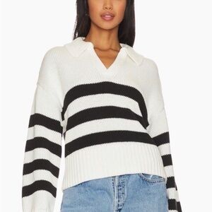 pistola White & Black Striped V-Neck Polo Collar Sweater